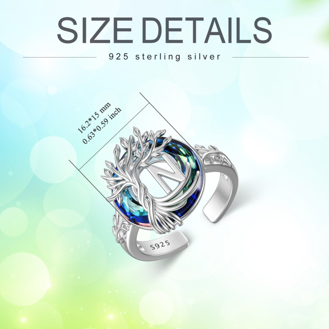 Sterling Silver Round Crystal & Personalized Initial Letter Tree Of Life Open Ring with Initial Letter N-6