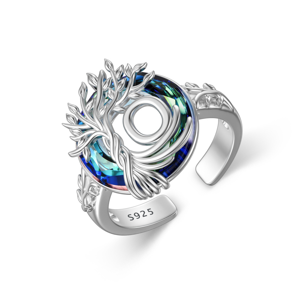 Sterling Silver Round Crystal Personalized Initial O With Tree Of Life Open Ring-1