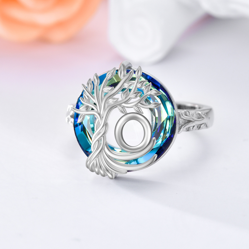 Sterling Silver Round Crystal Personalized Initial O With Tree Of Life Open Ring-4