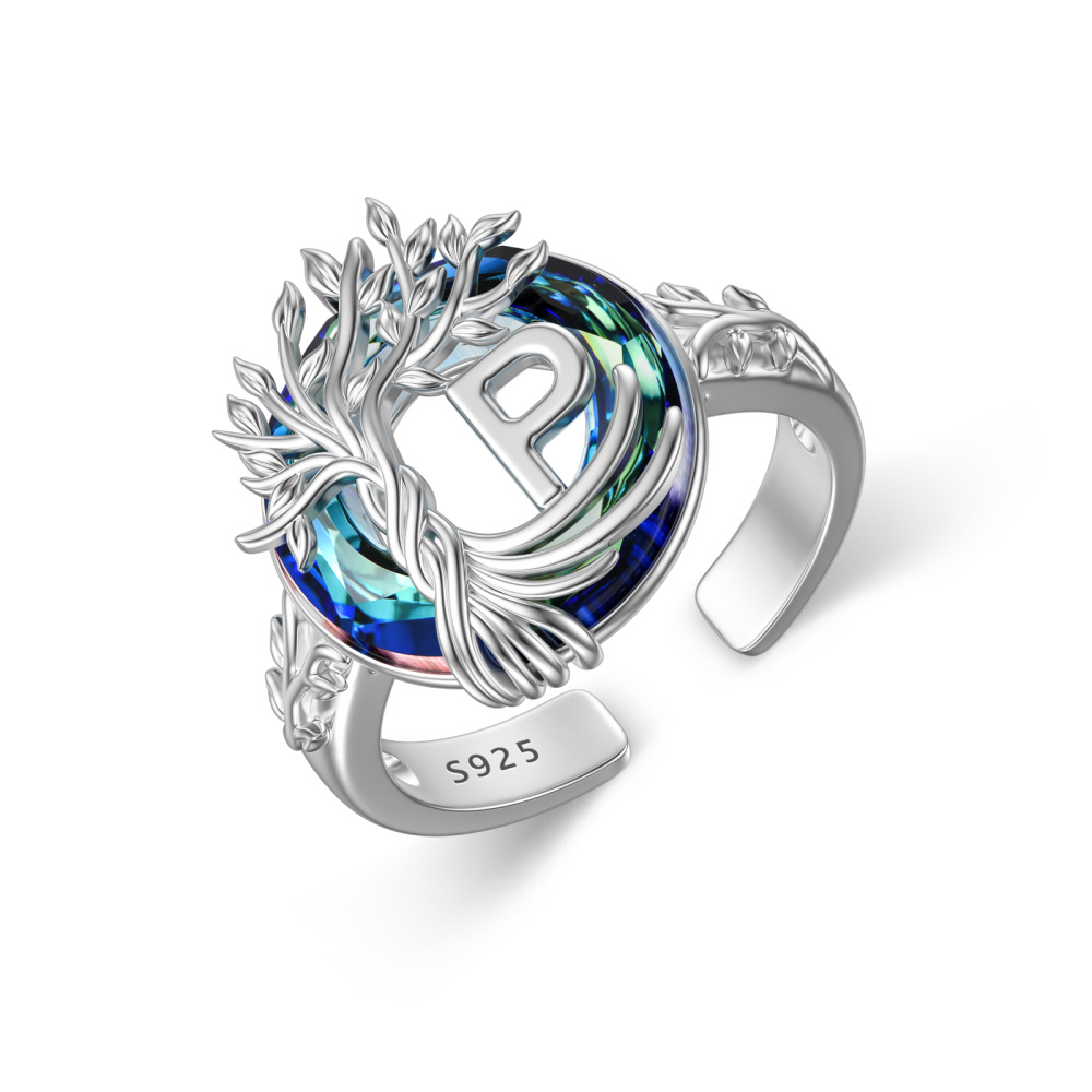 Sterling zilveren ronde kristal gepersonaliseerde initiële P met open levensboomring-1