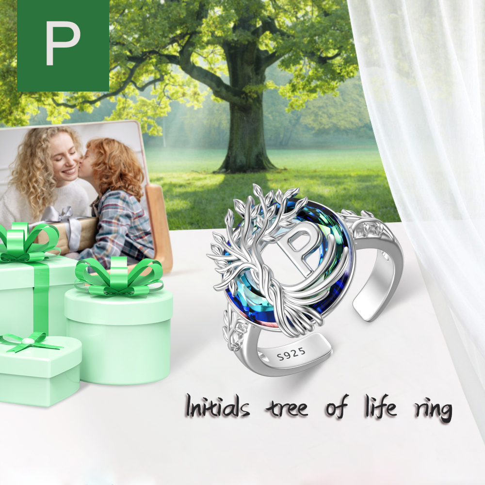 Sterling zilveren ronde kristal gepersonaliseerde initiële P met open levensboomring-3