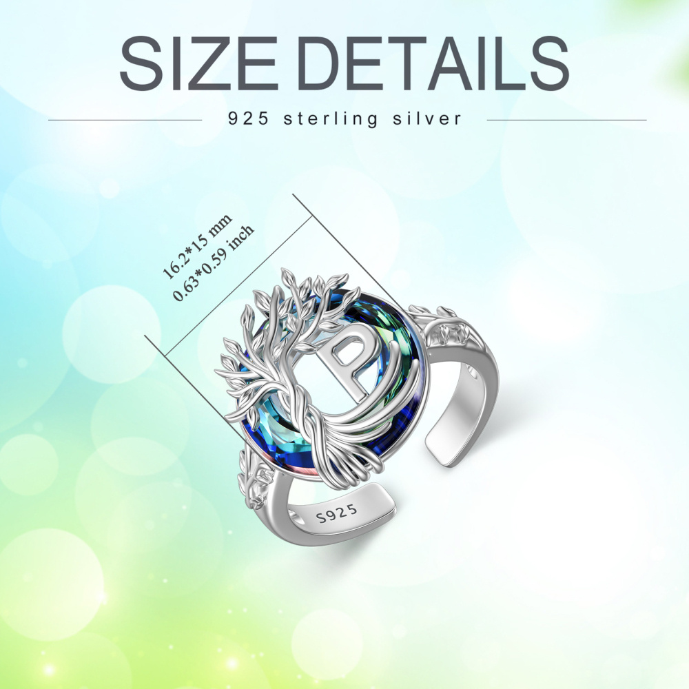 Sterling zilveren ronde kristal gepersonaliseerde initiële P met open levensboomring-6
