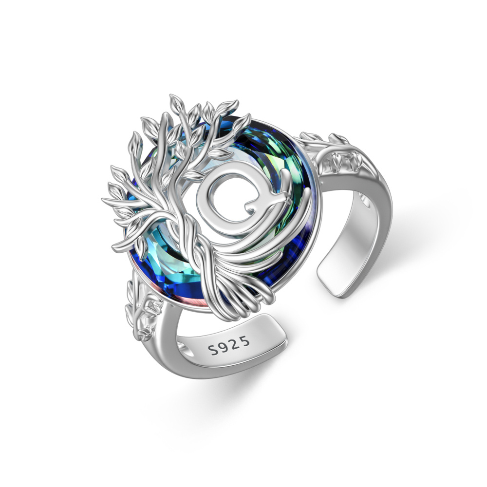 Sterling zilveren ronde kristal gepersonaliseerde initiële Q met open levensboomring-1