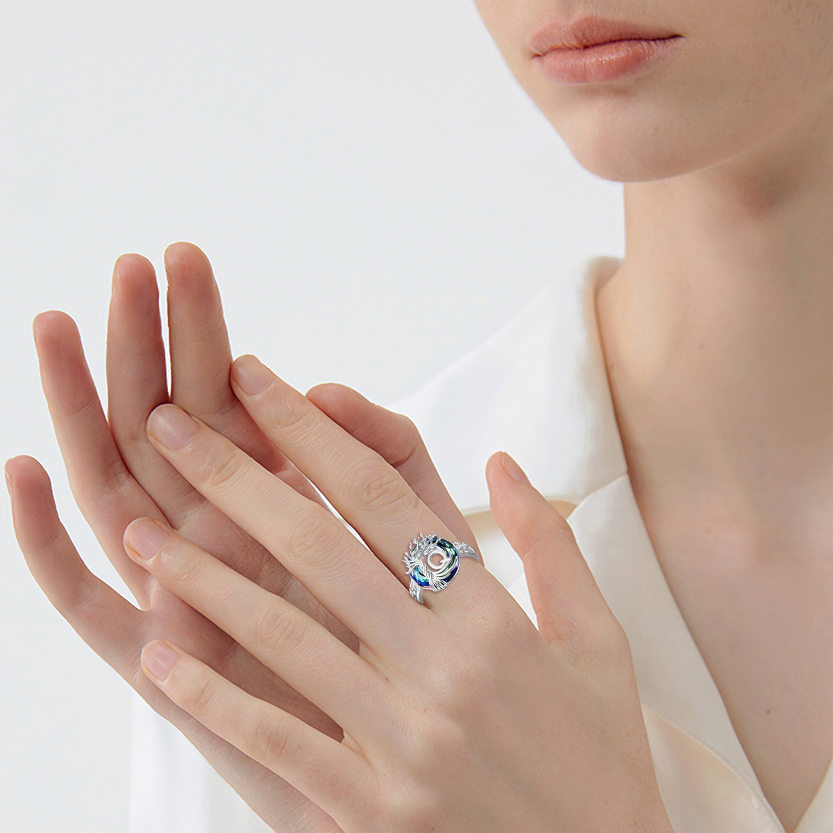 Sterling Silver Round Crystal & Personalized Initial Letter Tree Of Life Open Ring with Initial Letter Q-2