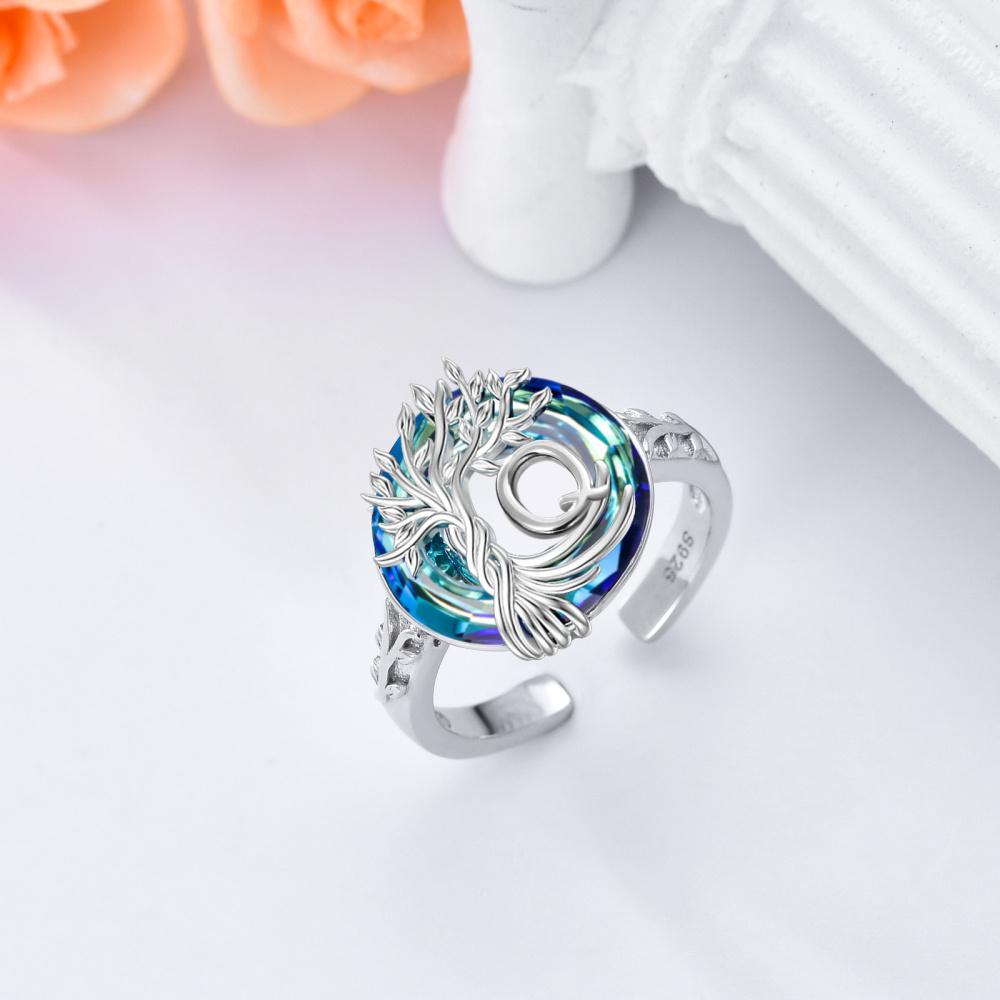 Sterling zilveren ronde kristal gepersonaliseerde initiële Q met open levensboomring-5