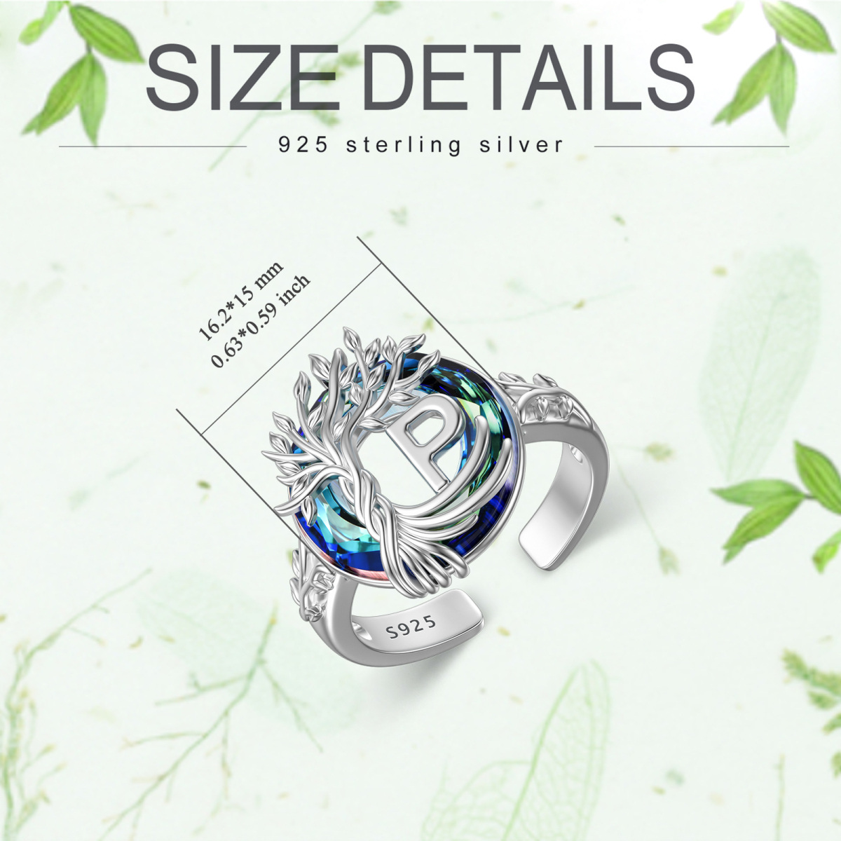 Sterling Silver Round Crystal & Personalized Initial Letter Tree Of Life Open Ring with Initial Letter Q-6