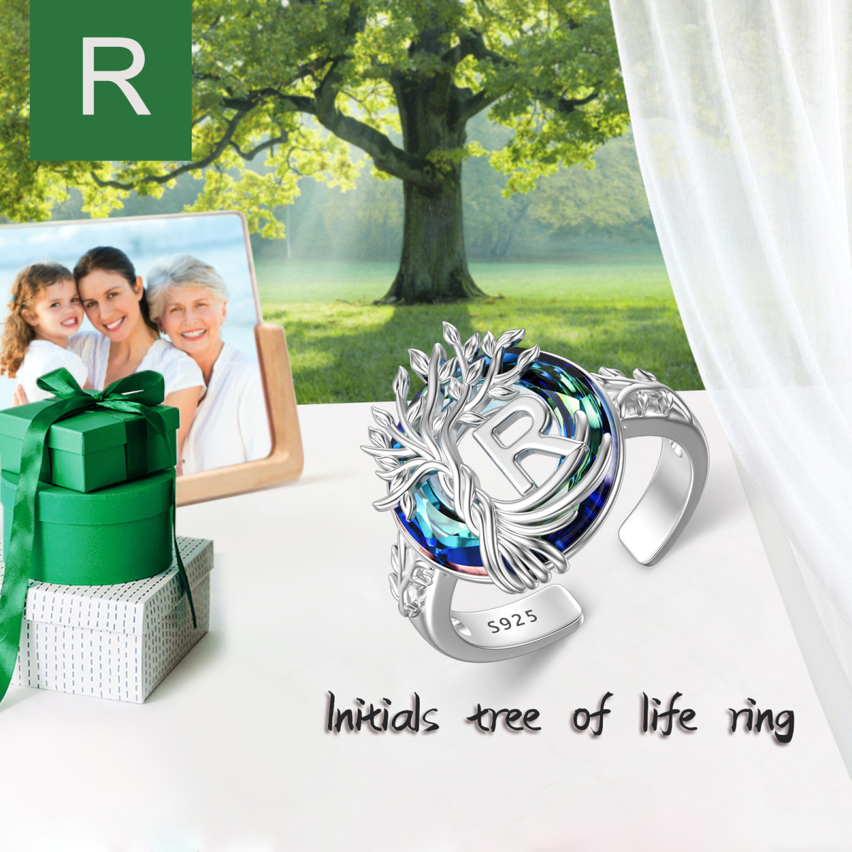 Sterling Silver Round Crystal & Personalized Initial Letter Tree Of Life Open Ring with Initial Letter R-3