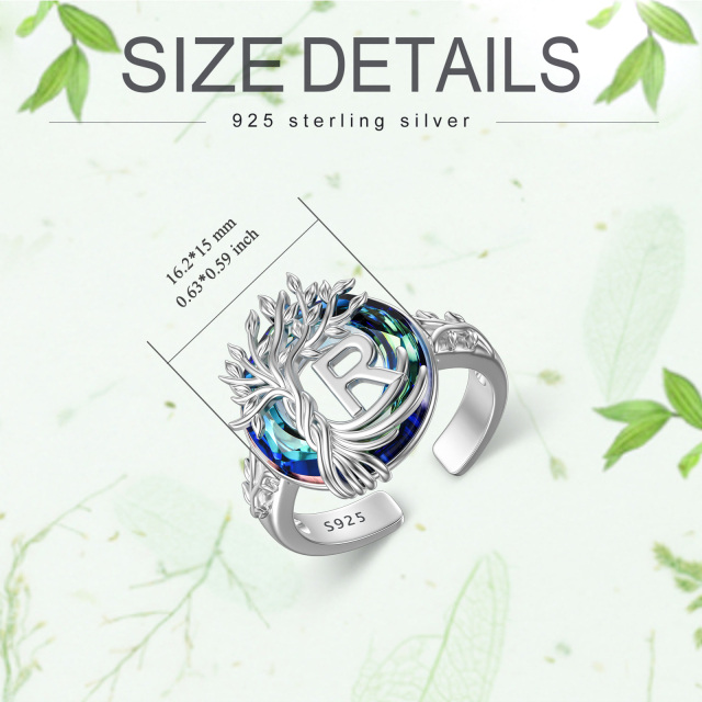 Sterling Silver Round Crystal & Personalized Initial Letter Tree Of Life Open Ring with Initial Letter R-6