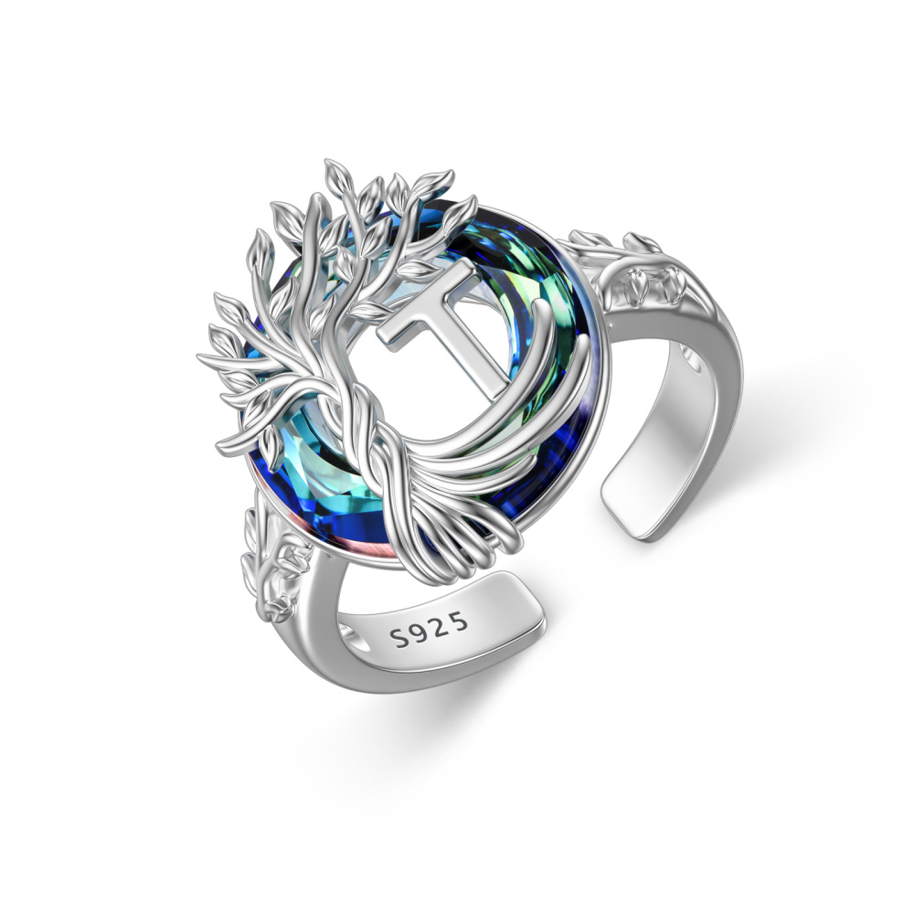 Sterling Silver Round Crystal Personalized Initial T With Tree Of Life Open Ring-1