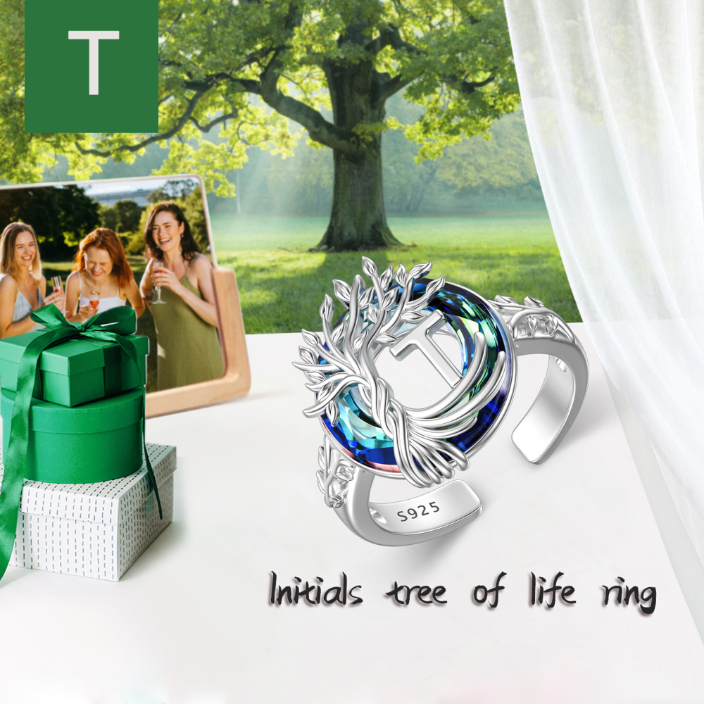 Sterling Silver Round Crystal Personalized Initial T With Tree Of Life Open Ring-3
