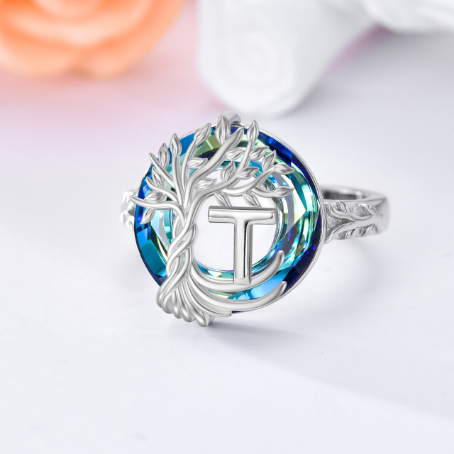 Sterling Silver Round Crystal & Personalized Initial Letter Tree Of Life Open Ring with Initial Letter T-4