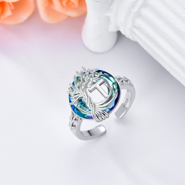 Sterling Silver Round Crystal & Personalized Initial Letter Tree Of Life Open Ring with Initial Letter T-5