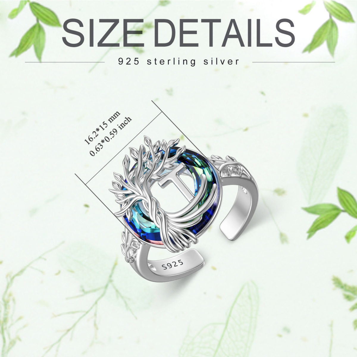 Sterling Silver Round Crystal & Personalized Initial Letter Tree Of Life Open Ring with Initial Letter T-6