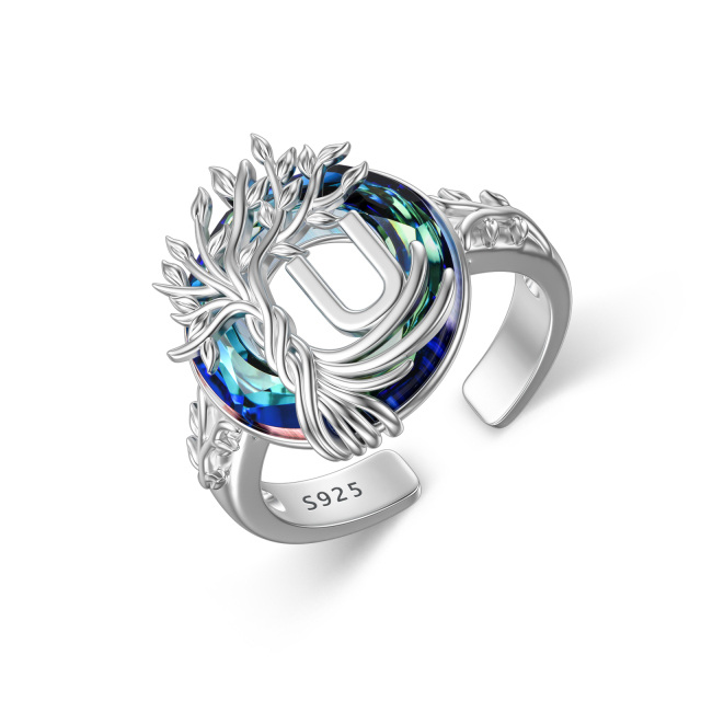 Sterling zilveren ronde kristal & gepersonaliseerde beginletter Tree of Life open ring met beginletter U-1