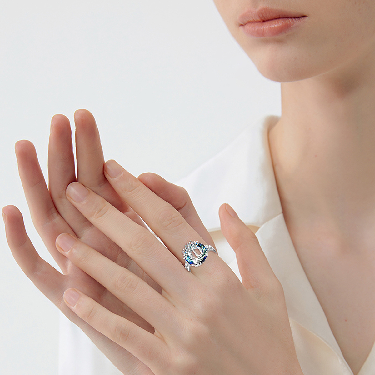 Sterling Silver Round Crystal & Personalized Initial Letter Tree Of Life Open Ring with Initial Letter U-2