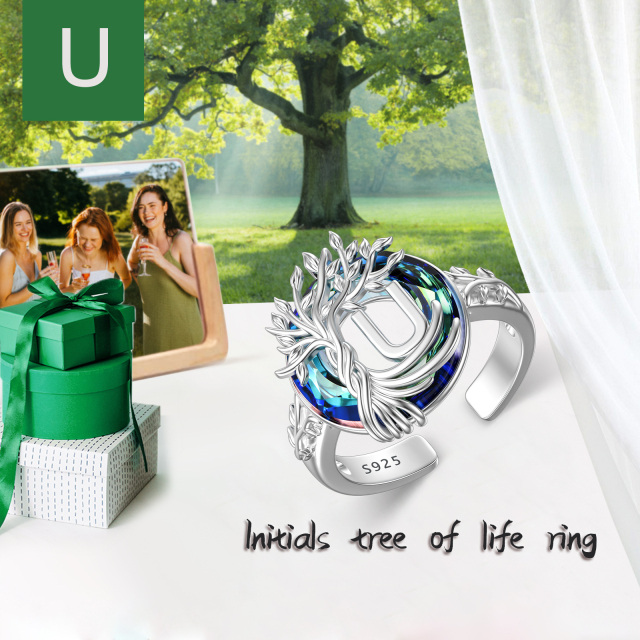 Sterling Silver Round Crystal & Personalized Initial Letter Tree Of Life Open Ring with Initial Letter U-3