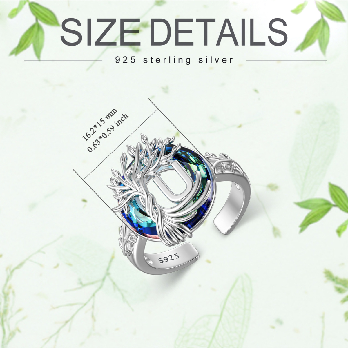 Sterling Silver Round Crystal & Personalized Initial Letter Tree Of Life Open Ring with Initial Letter U-6