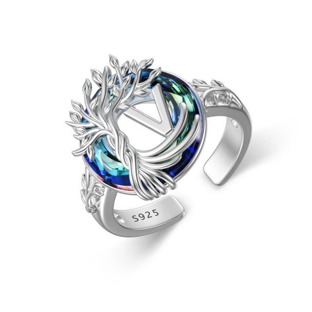 Sterling zilveren ronde kristal & gepersonaliseerde beginletter Tree of Life open ring met beginletter V-1