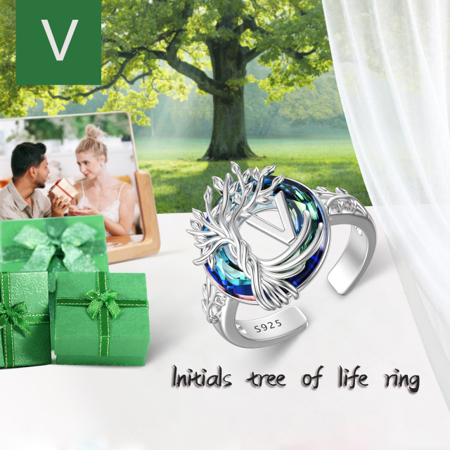 Sterling Silver Round Crystal & Personalized Initial Letter Tree Of Life Open Ring with Initial Letter V-3