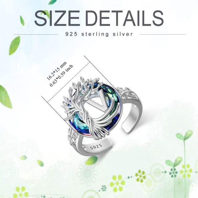 Sterling Silver Round Crystal & Personalized Initial Letter Tree Of Life Open Ring with Initial Letter V-6