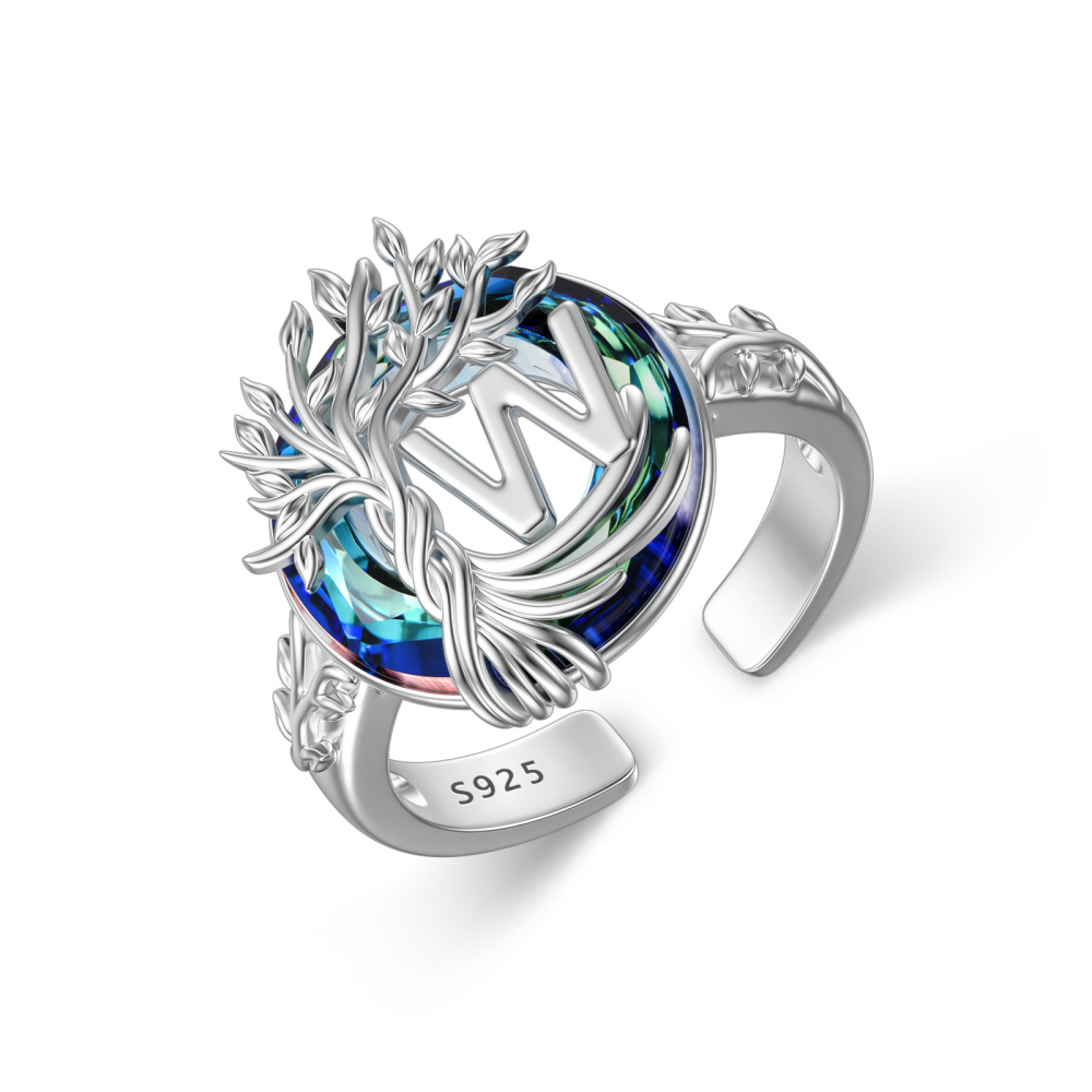 Sterling zilveren ronde kristal gepersonaliseerde initiële W met open levensboomring-1