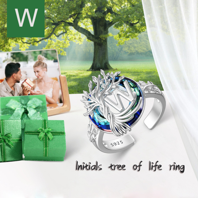 Sterling Silver Round Crystal & Personalized Initial Letter Tree Of Life Open Ring with Initial Letter W-3