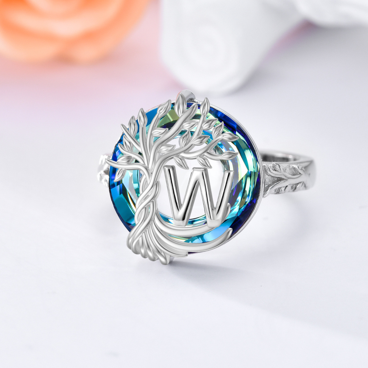 Sterling Silver Round Crystal & Personalized Initial Letter Tree Of Life Open Ring with Initial Letter W-4