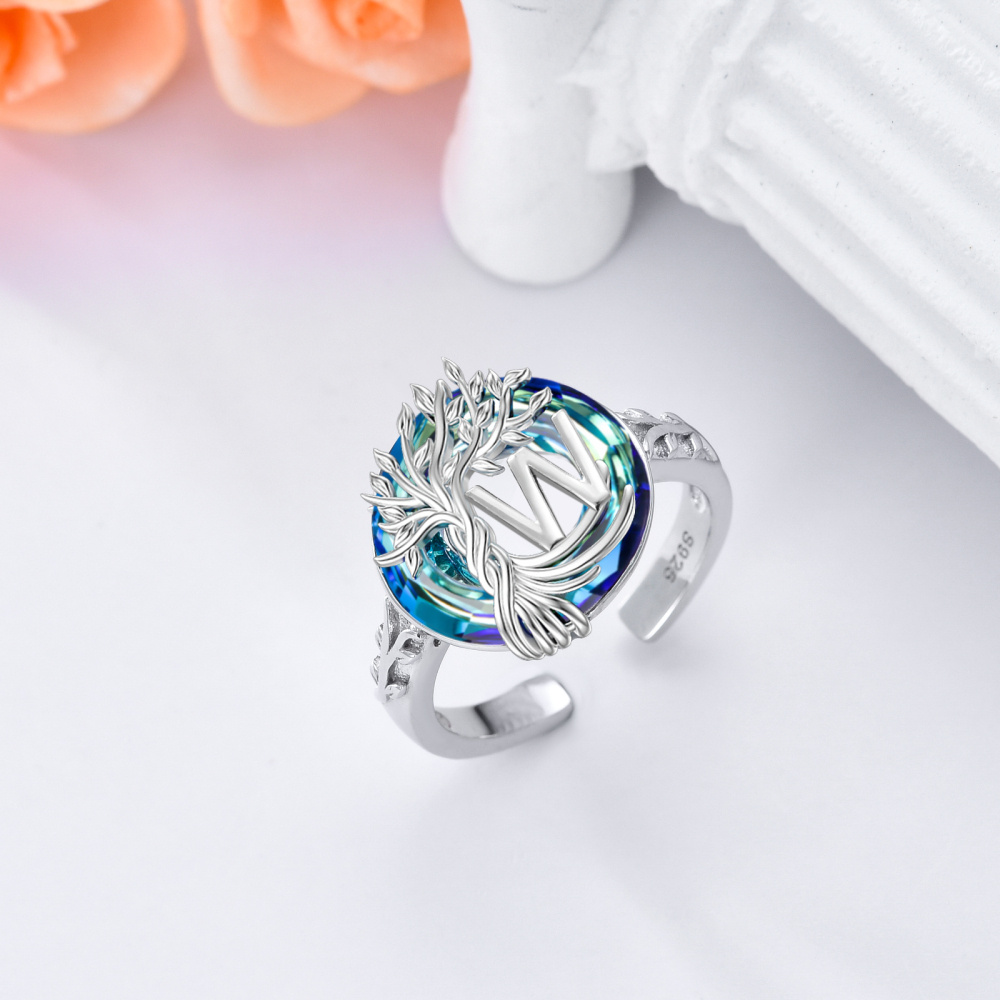 Sterling zilveren ronde kristal gepersonaliseerde initiële W met open levensboomring-5