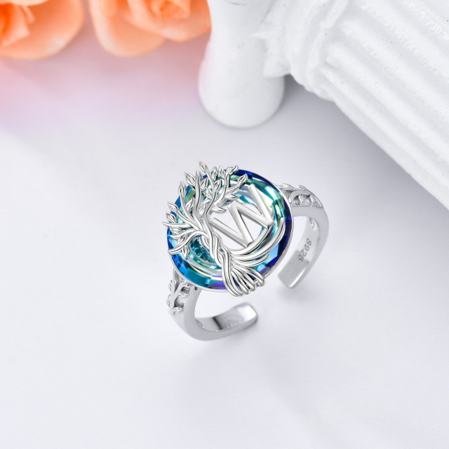 Sterling zilveren ronde kristal & gepersonaliseerde beginletter Tree of Life open ring met beginletter W-5