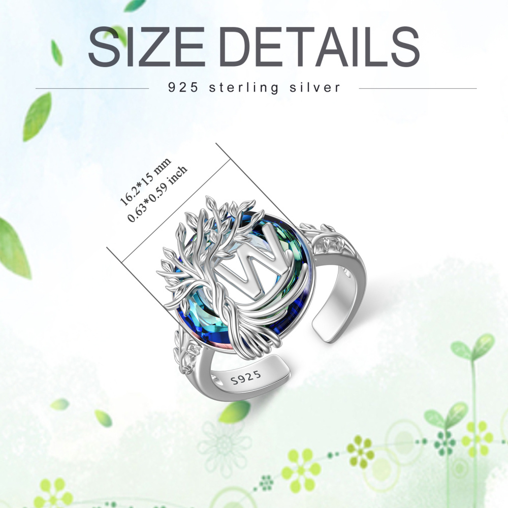 Sterling zilveren ronde kristal gepersonaliseerde initiële W met open levensboomring-6