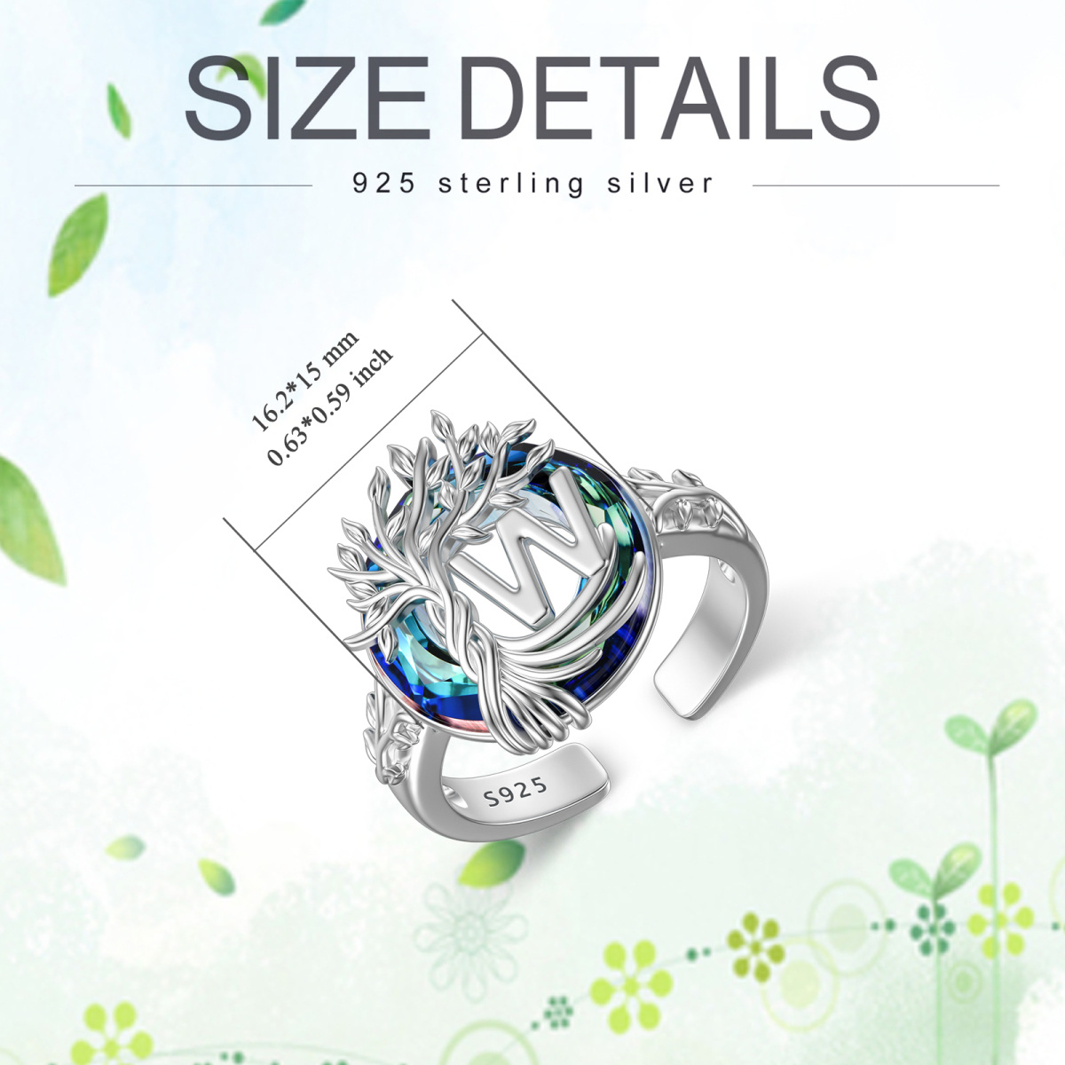 Sterling Silver Round Crystal & Personalized Initial Letter Tree Of Life Open Ring with Initial Letter W-6