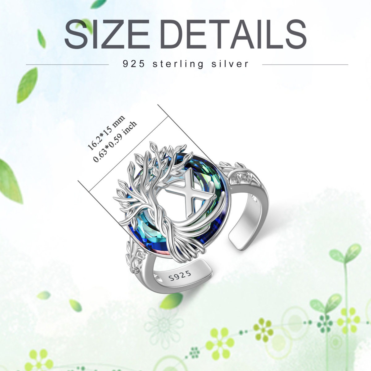 Sterling Silver Round Crystal & Personalized Initial Letter Tree Of Life Open Ring with Initial Letter X-3