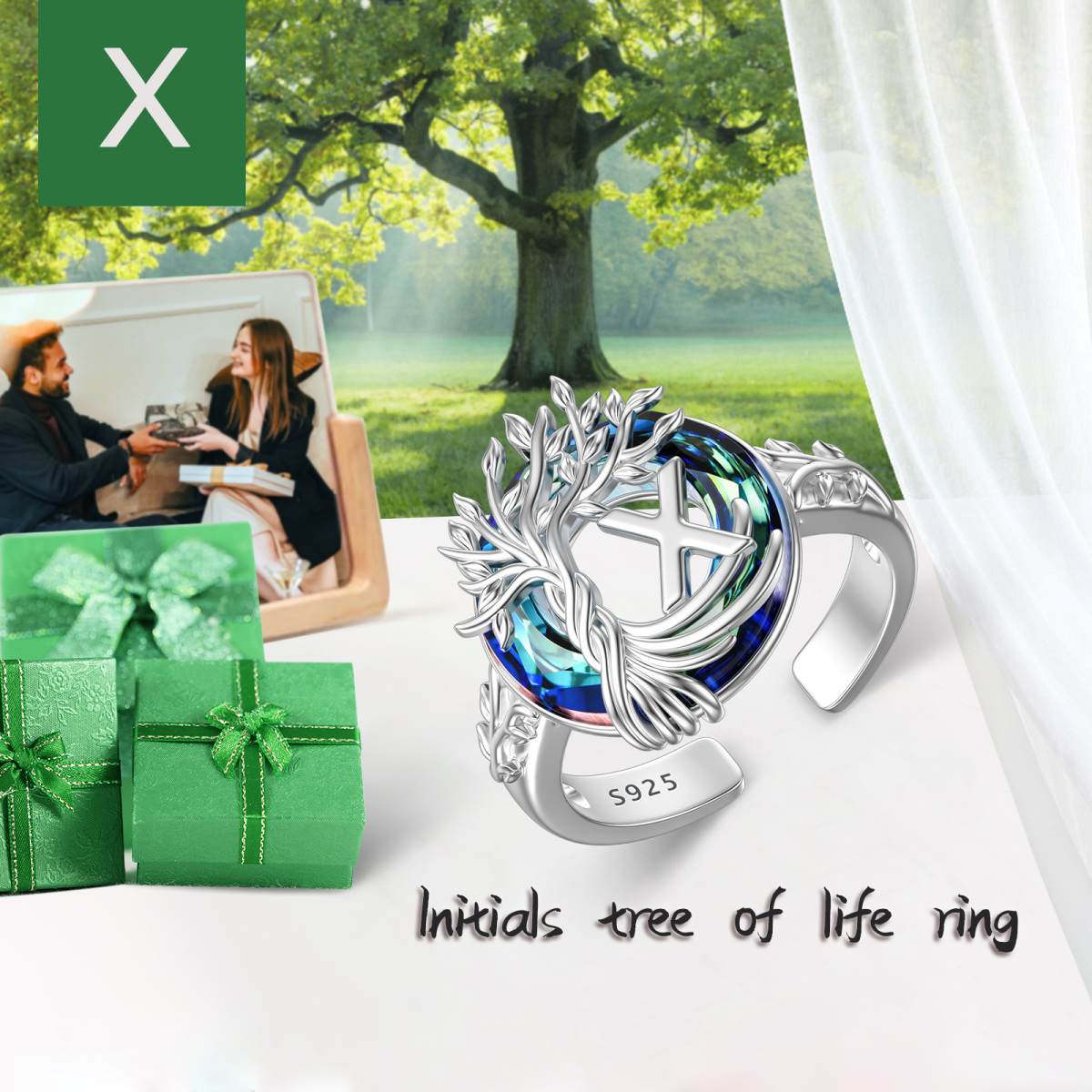 Sterling Silver Round Crystal & Personalized Initial Letter Tree Of Life Open Ring with Initial Letter X-4