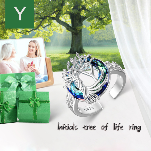 Sterling Silver Round Crystal & Personalized Initial Letter Tree Of Life Open Ring with Initial Letter Y-3