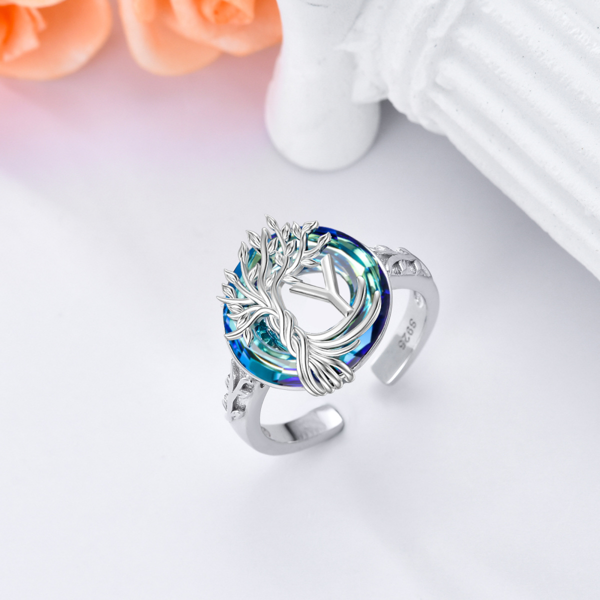 Bague en argent sterling en cristal rond et lettre initiale personnalisée Tree Of Life Ope-6