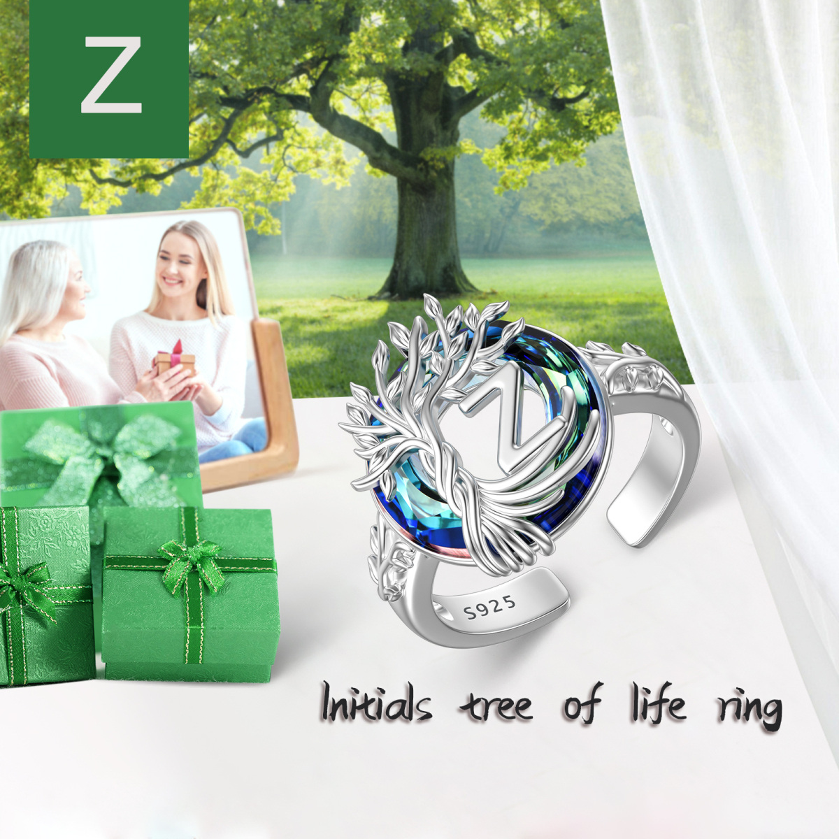 Sterling Silver Round Crystal & Personalized Initial Letter Tree Of Life Open Ring with Initial Letter Z-3