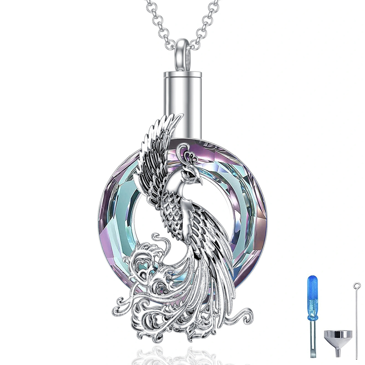 Collier Urne Phoenix en argent sterling avec cristaux ronds-1