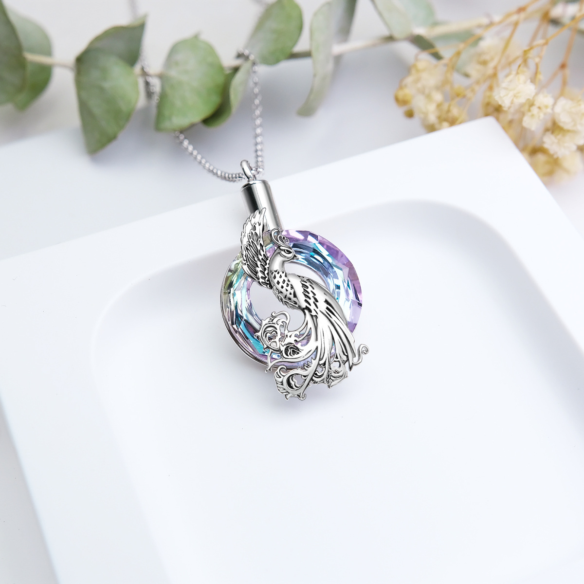 Sterling Silver Round Crystal Phoenix Urn Necklace for Ashes-3