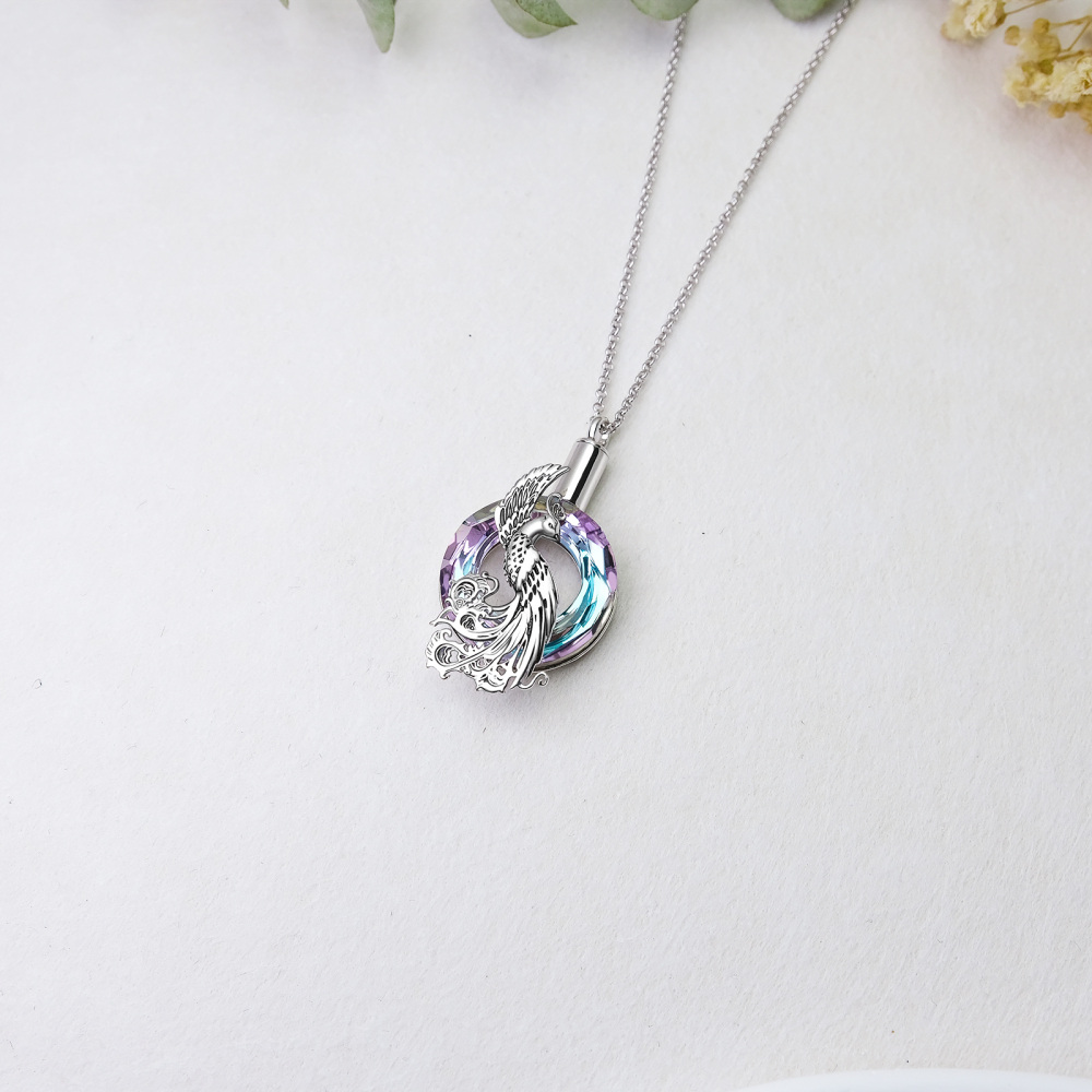 Sterling Silver Round Crystal Phoenix Urn Necklace for Ashes-4