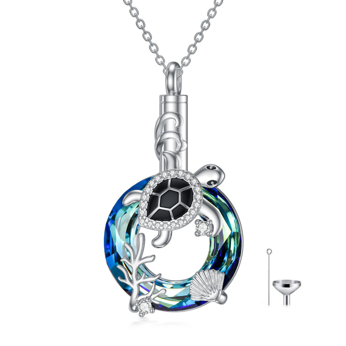 Sterling Silver Round Crystal Sea Turtle Pendant Necklace-1