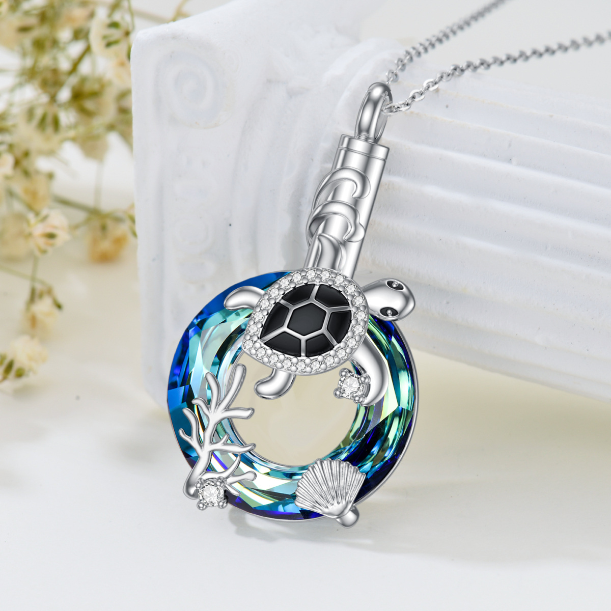 Collier en argent sterling avec pendentif tortue de mer en cristal rond-3