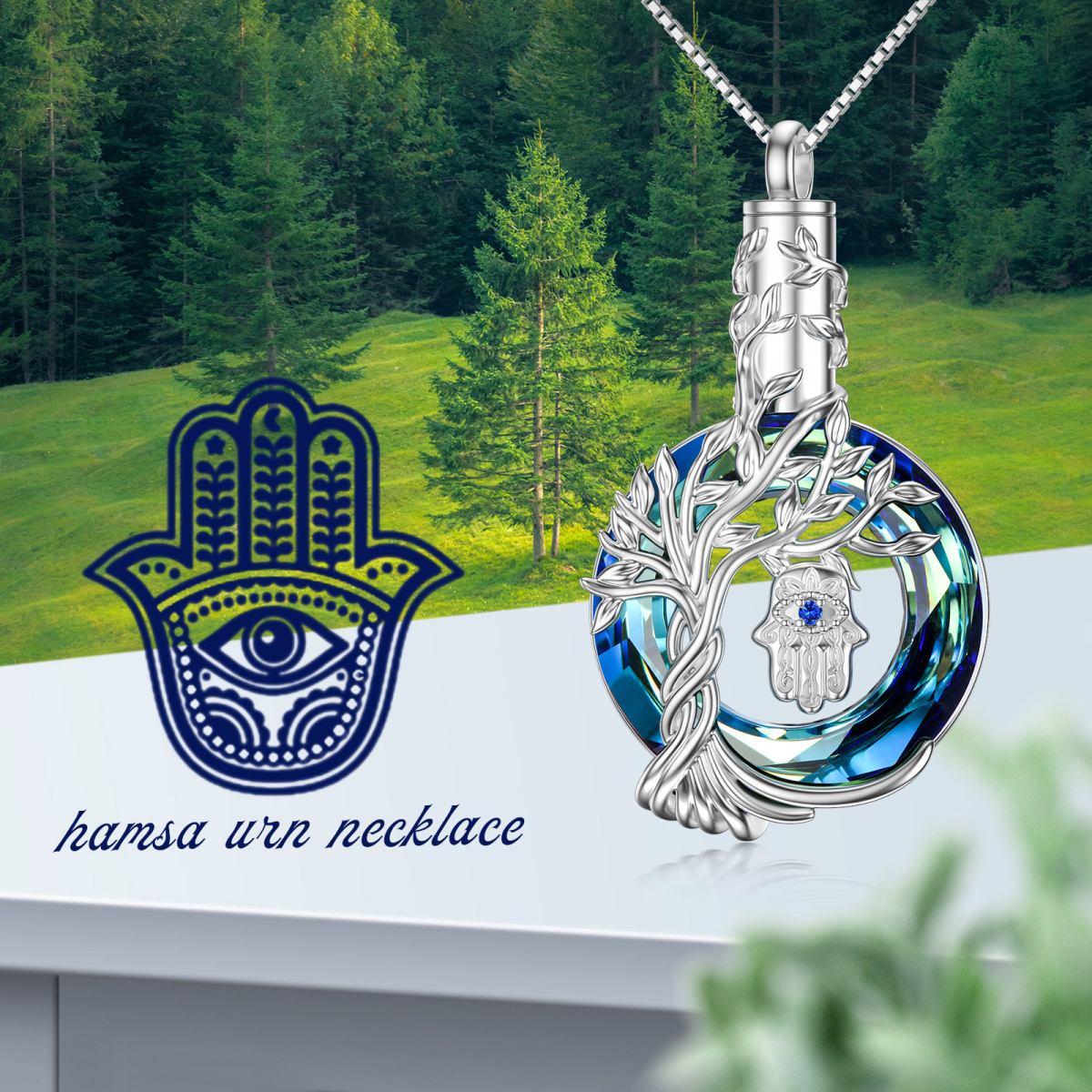 Collar redondo de plata de ley con diseño de árbol de la vida con mal de ojo, urna de mano de Hamsa para cenizas para mujeres-6