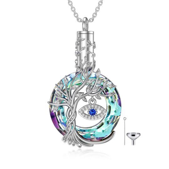 Sterling Silber Runde Kristall Baum des Lebens & Evil Eye Urne Halskette für Asche