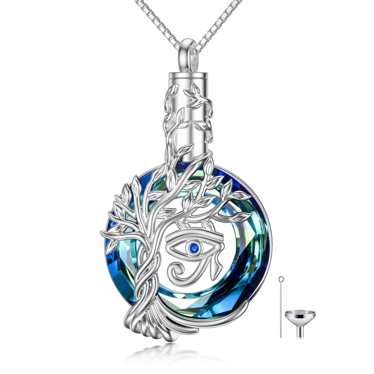 Sterling Silver Round Crystal Tree Of Life & Evil Eye Urn Necklace for Ashes-1