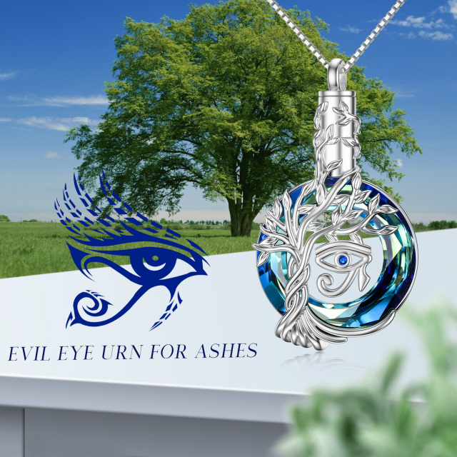 Sterling Silver Round Crystal Tree Of Life & Evil Eye Urn Necklace for Ashes-6