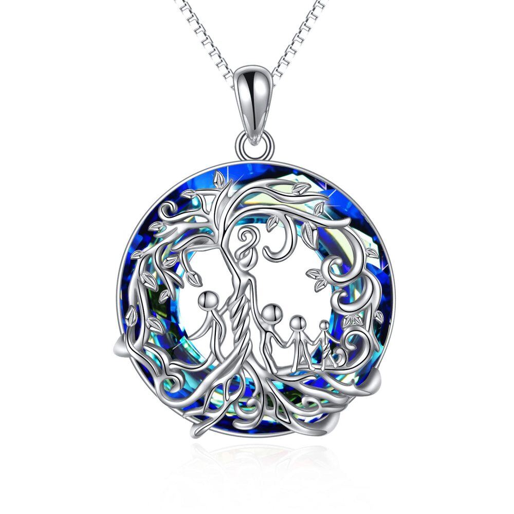 Sterling Silver Mother and 4 Child Tree Of Life & Circle Crystal Necklace for Women-1