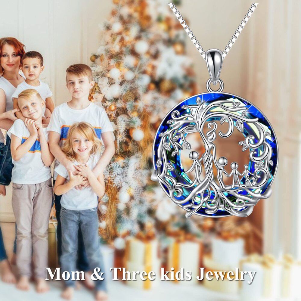 Sterling Silver Mother and 4 Child Tree Of Life & Circle Crystal Necklace for Women-6