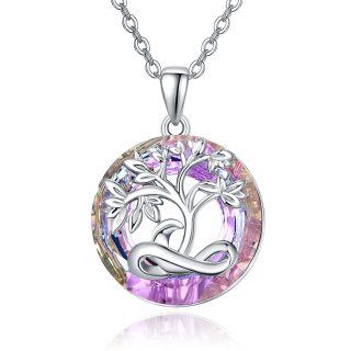 Sterling Silver Round Crystal Tree Of Life Pendant Necklace-19