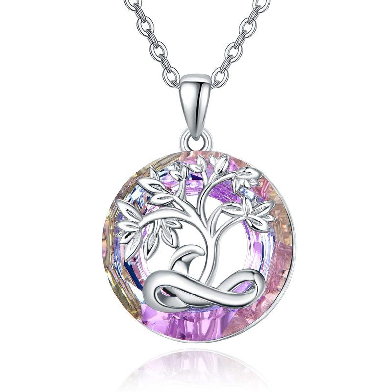 Sterling Silver Round Crystal Tree Of Life Pendant Necklace-16