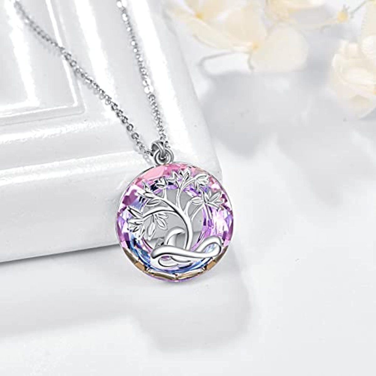 Sterling Silver Round Crystal Tree Of Life Pendant Necklace-3